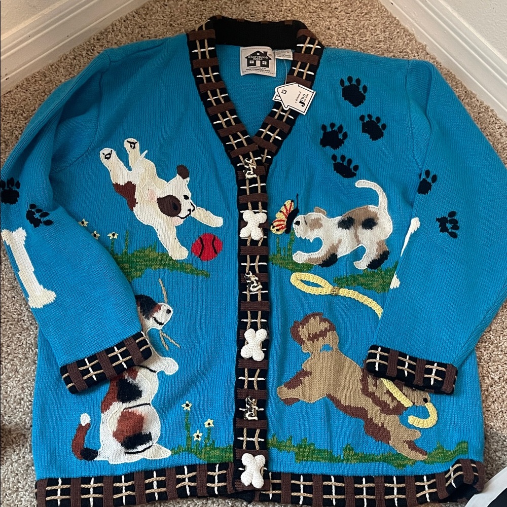Storybook Knits Blue Cardigan with Brown Accents
